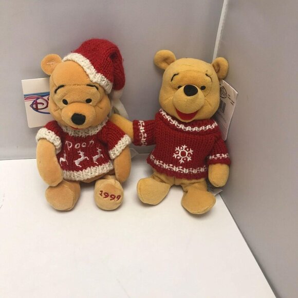 Two Disney Winnie the Pooh Bear Holiday Christmas Sweater Plush Beanie Babies - Picture 1 of 5